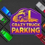 A colorful graphic featuring a parking lot filled with various vehicles, including trucks and cars, alongside the bold logo for Crazy Truck Parking, set against a dark background with greenery on the left