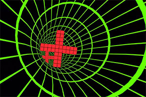 Red cross-shaped block centered inside a green wireframe tunnel spiraling inward on a black background