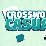 A playful logo for Crossword Casual featuring bold, stylized text with crossword puzzle elements and colorful background