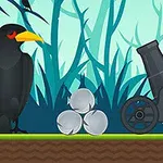 A cartoon-style illustration featuring a black crow with a yellow beak, three cannonballs, and a cannon amidst a stylized, green jungle background with silhouettes of trees and additional birds