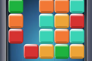 Colorful rounded square blocks in green, orange, red, yellow, and teal arranged in a grid on a blue background with two vertical gray bars on the sides