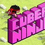 The image features the title CUBE NINJA in bold pink block letters, accompanied by a stylized ninja character perched on top, set against a simplistic green landscape