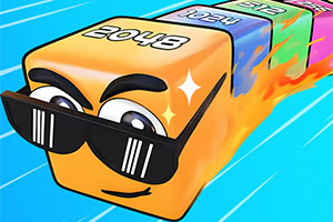 Cartoon yellow cube with sunglasses and a smiling face streaking forward with flames and motion lines on a blue background