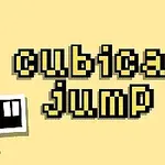 A playful, pixel-art style graphic featuring the text cubical jump in bold yellow letters against a light yellow background, accompanied by simple black and white square icons