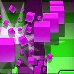 A dynamic graphic featuring bright purple cubes exploding and scattering against a green background, creating a vibrant and energetic visual effect