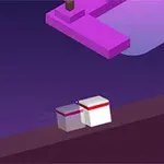 The image showcases a minimalist video game scene featuring two white cubes with red accents placed on a dark platform, under a floating purple structure against a gradient background