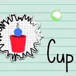 The image features a playful design with a red cup, a blue ball, and a stack of money, accompanied by the text Cup and Ball on a lined paper background