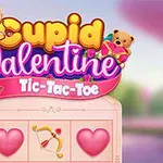 The image features a colorful game title Cupid Valentine Tic-Tac-Toe, adorned with hearts, a cherubic character, and a teddy bear, set against a soft, pink background, suggesting a festive Valentine’s theme