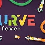 The image features a colorful game logo for Curve Fever, showcasing bold letters with vibrant colors against a dark background, accompanied by curved lines in various colors representing game elements