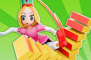 A cartoonish character with blonde hair and a pink dress is perched on colorful, stacked blocks, set against a vibrant green background
