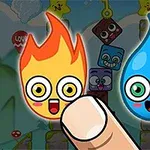 A cheerful animated flame character and a smiling water droplet character are depicted, with a finger pointing towards them, set against a colorful background featuring blocks and stars