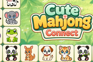 Cute cartoon animal tiles surrounding a colorful Cute Mahjong Connect title on a green leafy background