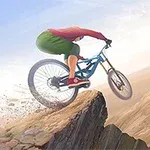 A mountain biker in mid-air, wearing a red shirt and green shorts, performs a jump off a cliff into a vast desert landscape, showcasing dynamic motion and excitement in extreme sports