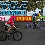 A digital illustration of two cyclists competing in a race, with one wearing a red jersey and the other in a blue and yellow outfit, set against a backdrop featuring sponsor logos and trees, titled CYCLE SPRINT