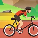 A colorful illustration of two cyclists riding on a path surrounded by green hills and mountains, featuring one cyclist in a red shirt and the other in a yellow shirt