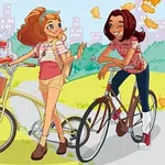 Two animated girls are enjoying a sunny day outdoors, riding bicycles and surrounded by colorful autumn leaves and birds