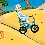 Two cartoon characters, one dressed as a clown on a pink tricycle and the other in a futuristic outfit on a blue tricycle, race on a sandy desert landscape with palm trees in the background