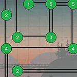 A puzzle game board featuring a grid with interconnected green circles numbered from 1 to 5 and a few black lines, set against a gradient background depicting trees and mountains at sunset