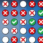 A grid of symbols featuring green check marks, red crosses, and blank white circles, arranged against a blue background