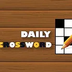 A graphic featuring the words Daily Crossword alongside a pencil and an empty crossword grid on a wooden background