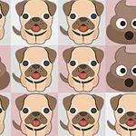 A repeating pattern featuring cartoon-style pug faces with exaggerated eyes and playful expressions, interspersed with cartoonish poop emojis on a pastel background