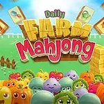 A colorful graphic featuring the title Daily Farm Mahjong, surrounded by cartoonish fruits and vegetables, with barns and hay bales in a cheerful farm setting