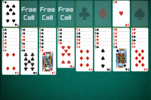 The image shows a game of FreeCell solitaire with several columns of playing cards and designated free cells at the top