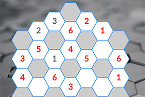 A hexagonal grid with numbered cells in red, set against a blurred gray background