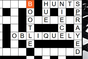 A close-up view of a crossword puzzle grid featuring the words BOOTLEG, HUNTS, QUIETLY, SPRAYED, and OBLIQUELY