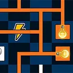 An illustration featuring a maze-like circuit with glowing light bulbs and a lightning bolt icon on a dark blue background