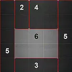 A number puzzle grid with a dark wooden background, featuring numbered tiles 2, 3, 4, 5, and 6 arranged in a 3x3 layout, with one empty space in the center and highlighted borders