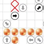 A grid-based puzzle featuring directional arrows, numeric hints, and round icons, including some red markings, likely indicating elements of a game or logic challenge