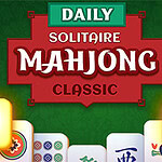 A vibrant green background features the words Daily Solitaire Mahjong Classic in bold red and white text, accompanied by decorative pink flowers and a layout of Mahjong tiles displaying intricate designs