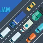 An overhead illustration of a traffic jam featuring various vehicles, including trucks, cars, and an ambulance, with the text Daily Traffic Jam on a blue background