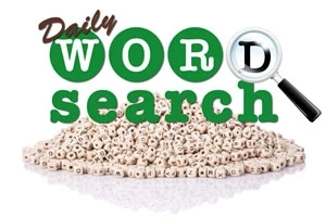 A pile of lettered beads with the text Daily WORD search and a magnifying glass graphic, suggesting a word search puzzle theme