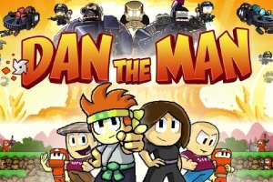 A colorful logo featuring a cartoon character with spiky hair in a dynamic pose, surrounded by an explosion effect and bold, stylized text that includes the phrase Dan the Man