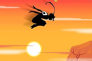 Silhouetted ninja leaping through an orange sunset sky above a rocky cliff