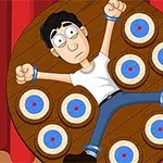 An animated character is tied to a spinning target board with bullseyes while looking anxious, surrounded by red curtains