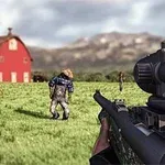 A snipers view through a rifle scope focuses on a distant figure in a field, with a red barn and mountains in the background, creating a tense rural shooting scene