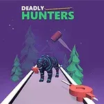 A stylized 3D black tiger carrying a target runs along a pathway in a vibrant purple landscape, with the title Deadly Hunters displayed above