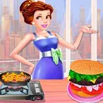 A cheerful cartoon character in a blue dress with a green bow showcases a large burger, a drink, and a frying pan with food, set against a city skyline backdrop