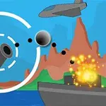 An animated cannon firing projectiles toward a ship in a colorful coastal landscape, with explosions depicted and a plane flying overhead