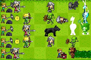 A pixel art scene depicting a strategy game with characters, including archers, warriors, and various creatures, positioned on a grassy battlefield