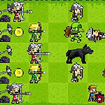 A pixel art scene depicting a strategy game with characters, including archers, warriors, and various creatures, positioned on a grassy battlefield