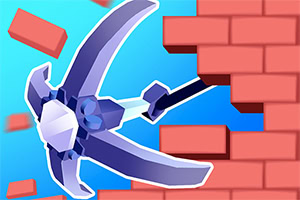 A stylized pickaxe breaking through a brick wall against a vibrant blue background, emphasizing a construction or mining theme