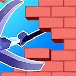 A stylized pickaxe breaking through a brick wall against a vibrant blue background, emphasizing a construction or mining theme