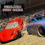 The image features two cars—a red sports car and a blue sedan, set against a backdrop of a cheering crowd, with bold text indicating Demolition Derby Racing and a Play button