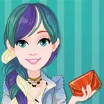 A stylish cartoon character with colorful hair and bright blue eyes holds an orange wallet, set against a teal striped background