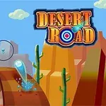 A vibrant cartoon-style desert landscape featuring a winding road, cacti, and a bright sun, with the game title Desert Road prominently displayed above, showcasing a ball splashing on the road