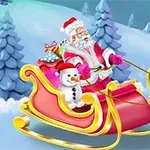 A cheerful Santa Claus in a red sleigh, accompanied by a cute snowman, rides through a snowy landscape with evergreen trees and a reindeer leading the way